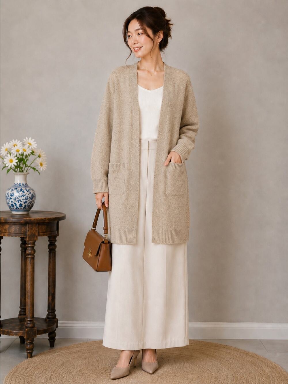New Pretty Garden Womans Medium Oversized Cardigan Khaki Brown‎ Pockets NWT